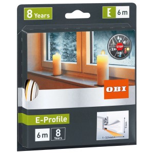 Verpackung der weißen OBI Türdichtung/Fensterdichtung aus Gummi E-Profil für Spalten von 1-3,5mm.