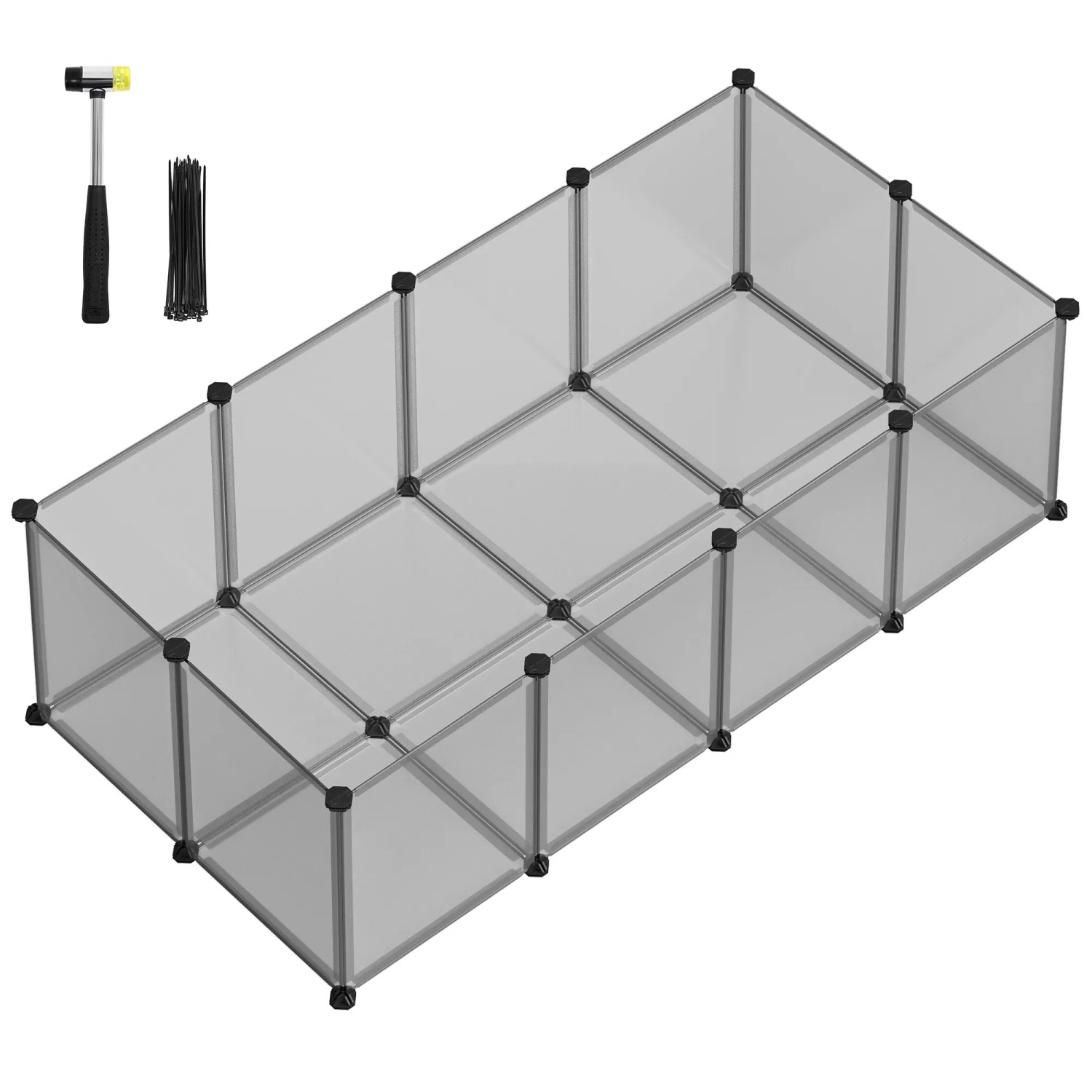 Feandrea Freigehege mit Bodenplatten, 143x73x46 cm, grau, inklusive Hammer und Kabelbinder.