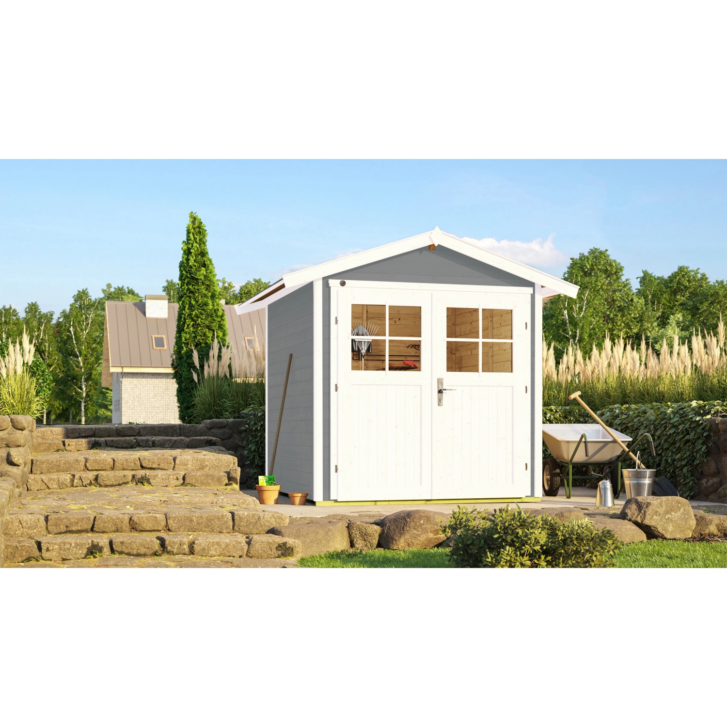 Graues weka Gartenhaus 224 mit Doppeltür und Satteldach im Garten.