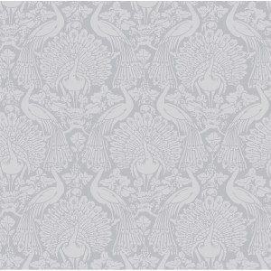 Laura Ashley Vliestapete mit Pfauen-Damastmuster in hellem Grau.