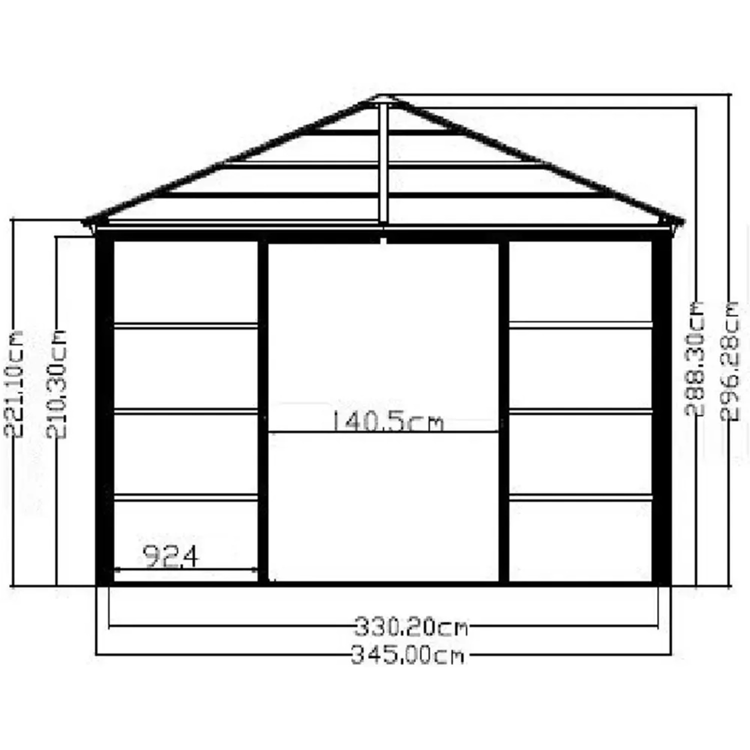 Technische Zeichnung: Sojag Aluminium Pavillon Castel 12 x 14 Bronze mit Maßangaben.