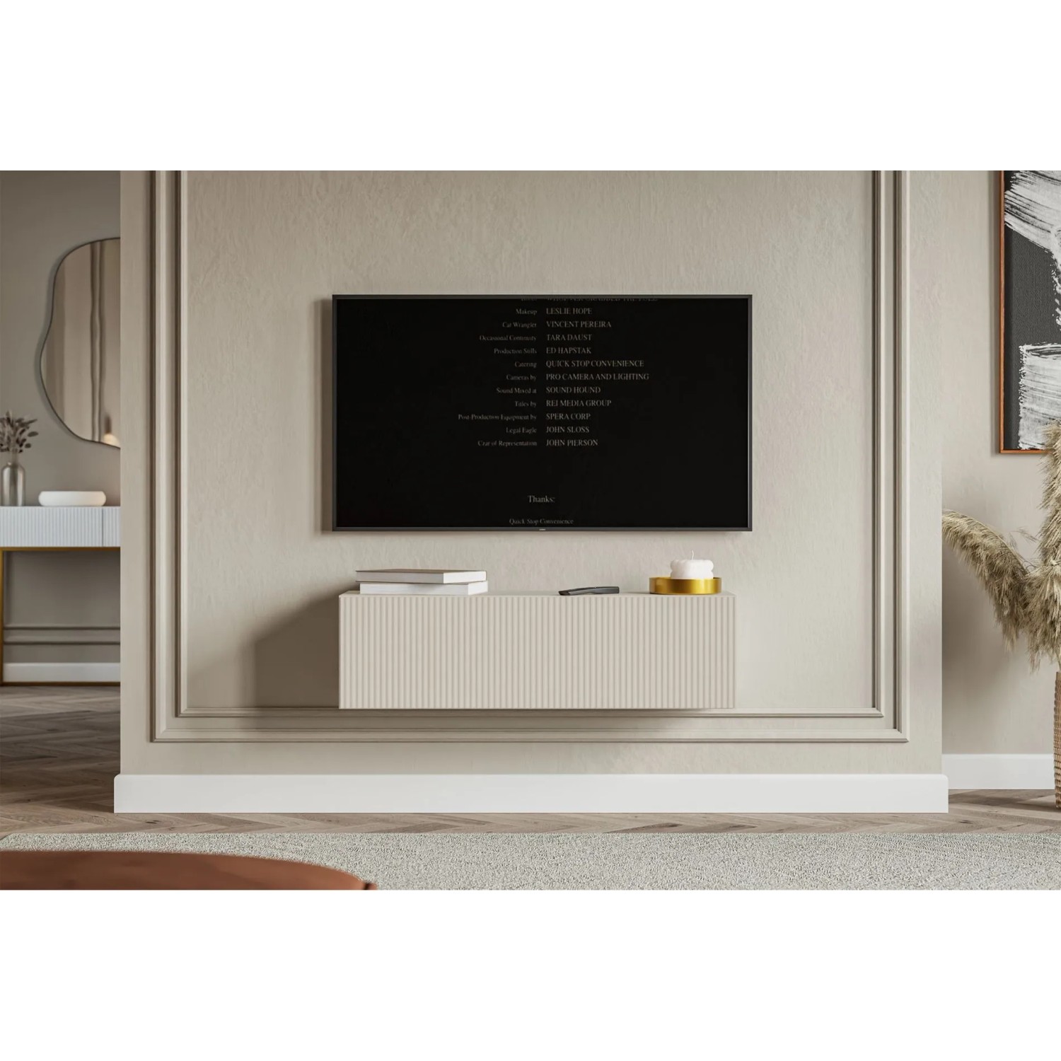 Selsey Veldio TV-Hängeboard 100 cm in Greige mit geriffelter Lamellenfront unter TV im Wohnzimmer.