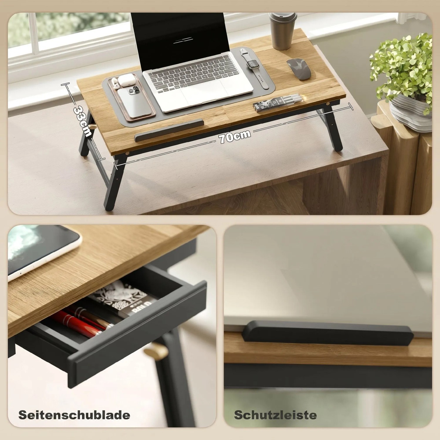 HOMCOM Laptoptisch Eiche mit schwarzem Gestell, ausziehbarer Schublade und Schutzleiste. Klappbarer, höhenverstellbarer Desktop Stand.