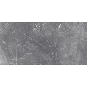 Schwarze, polierte Feinsteinzeug Bodenfliese, 60x120 cm, mit Marmor-Optik für Wand und Boden.