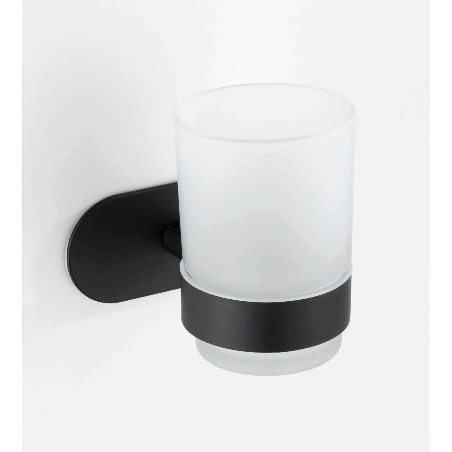 Wenko Zahnputzbecherhalter Uno Orea Black: Wandhalterung aus Edelstahl mit satiniertem Glasbecher.