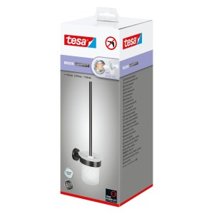 Verpackung der Tesa WC-Bürstengarnitur Moon in Graphit mit Glasbehälter und Bürste.