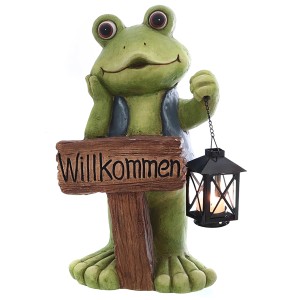Deko-Frosch mit Laterne und Willkommen-Schild, 40,5 cm, für die Gartendekoration.