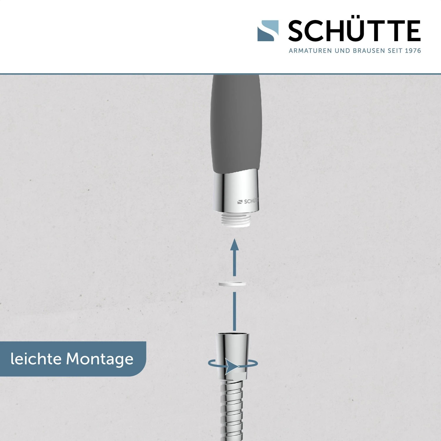 Schütte Handbrause Vital Chrom, Montage-Darstellung mit Brauseschlauch.