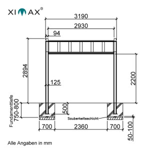 Technische Zeichnung: Ximax Flachdach-Carport My-Port 7 Typ 3259 mit Maßangaben.
