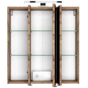 Offener Held Möbel 3D-Spiegelschrank Verona 60 cm in Wotaneiche mit Glasböden und Beleuchtung.
