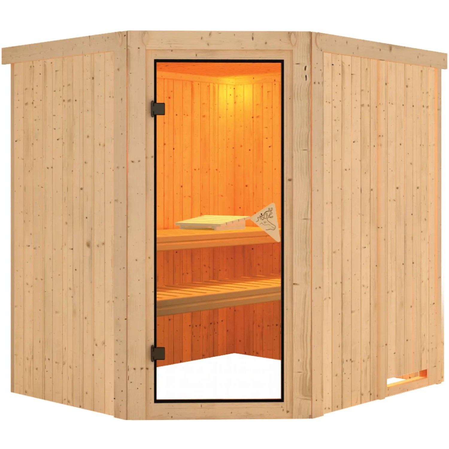 Karibu Sauna Natur aus Fichte mit Glastür und zwei Liegen.