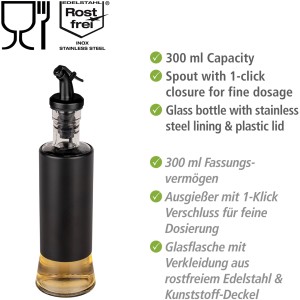 Wenko Öl- und Essigspender Boga, 300ml, schwarz, mit 1-Klick Verschluss für Grillutensilien.