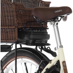 Detailansicht: Fischer Cita ER1804 City-E-Bike mit Gepäckträgerkorb, Akku und braunem Gelsattel.