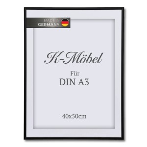 Schwarzer K-Möbel Aluminium Bilderrahmen DIN A3 mit weißem Passepartout, 40x50cm. Modern für Wandmontage.