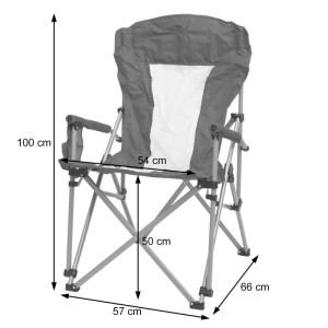 MCW Campingstuhl aus Stahl, grau-weiß, mit Armlehnen und Maßen. Kompakt klappbar, waschbar. Campingzubehör.
