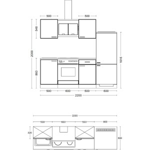 Skizze einer Küchenzeile Abaco 220 cm in Perlmutt/Akazie mit Maßen für Planung.