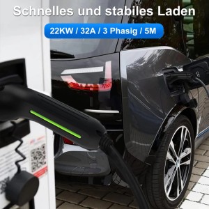 Junsun EV Ladegerät Typ 2, 22 kW, 5m Kabel lädt Elektroauto. Schnelles 3-phasiges Laden für Batterien.