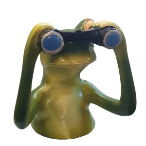 Grüne Dekofigur: Frosch mit Fernglas, 28 cm, für die Gartendekoration.