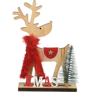 Holz Rentier Deko Aufsteller mit rotem Schal und Tannenbaum, Xmas Schriftzug.