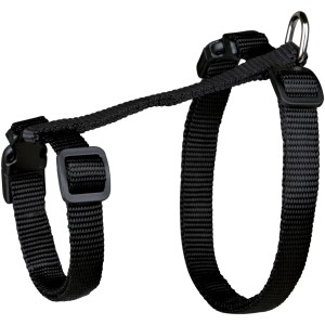 Schwarzes Trixie Katzengeschirr XL mit Leine, aus Nylon, verstellbar für große Katzen.