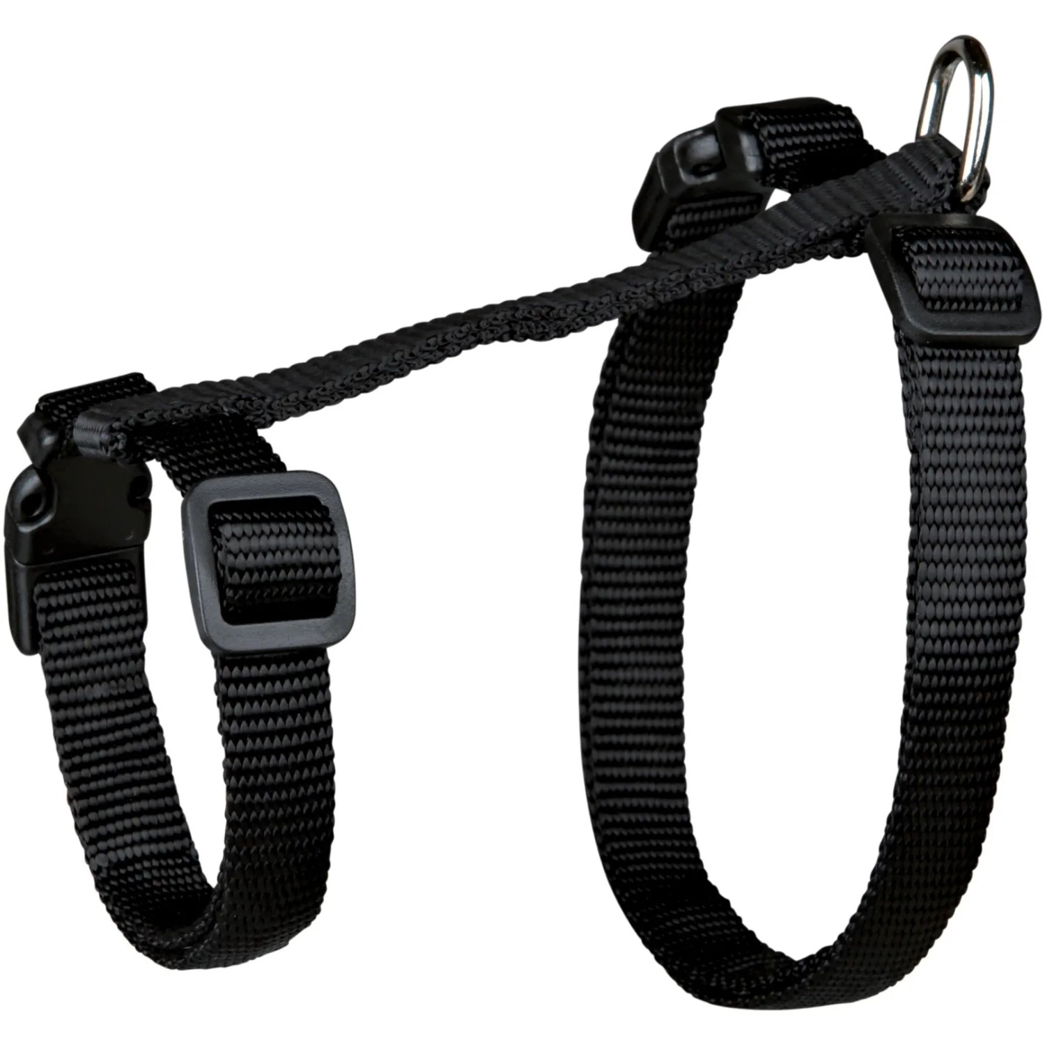 Schwarzes Trixie Katzengeschirr XL mit Leine, aus Nylon, verstellbar für große Katzen.