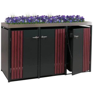 Anthrazitfarbene 3er-Mülltonnenbox mit Pflanzkasten in Holzoptik (125x196x84cm).