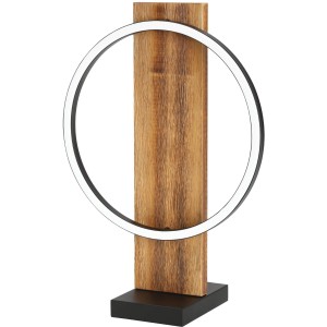 Eglo LED-Tischleuchte Boyal in Schwarz-Braun mit rustikalem Holz und rundem Leuchtelement.