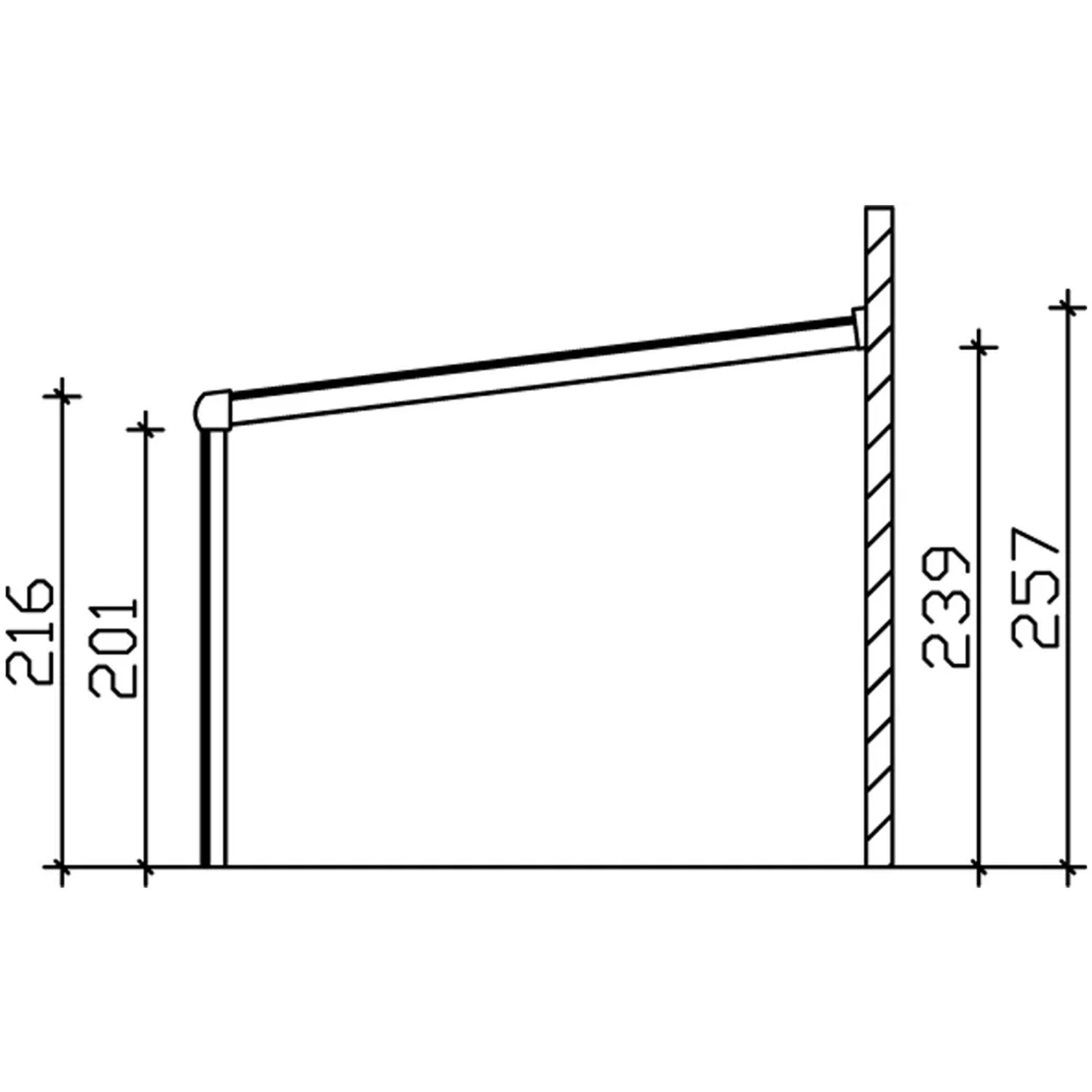 Skizze Terrassenüberdachung Garda, 648x307 cm, Aluminium weiß, Maße und Wandmontage