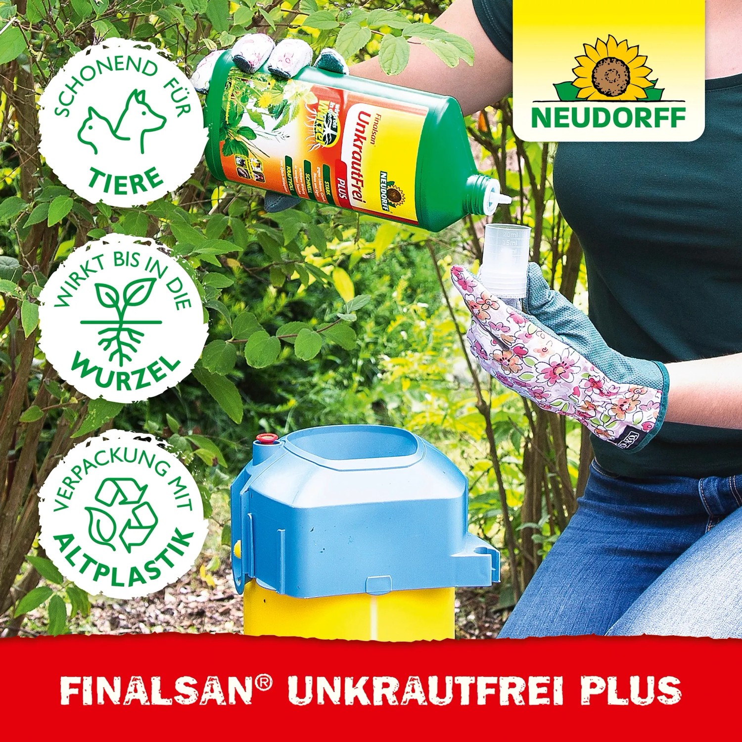 Anwendung von Neudorff Finalsan Unkraut-Frei Plus. Unkrautvernichter für Beete, wirkt wurzeltief.