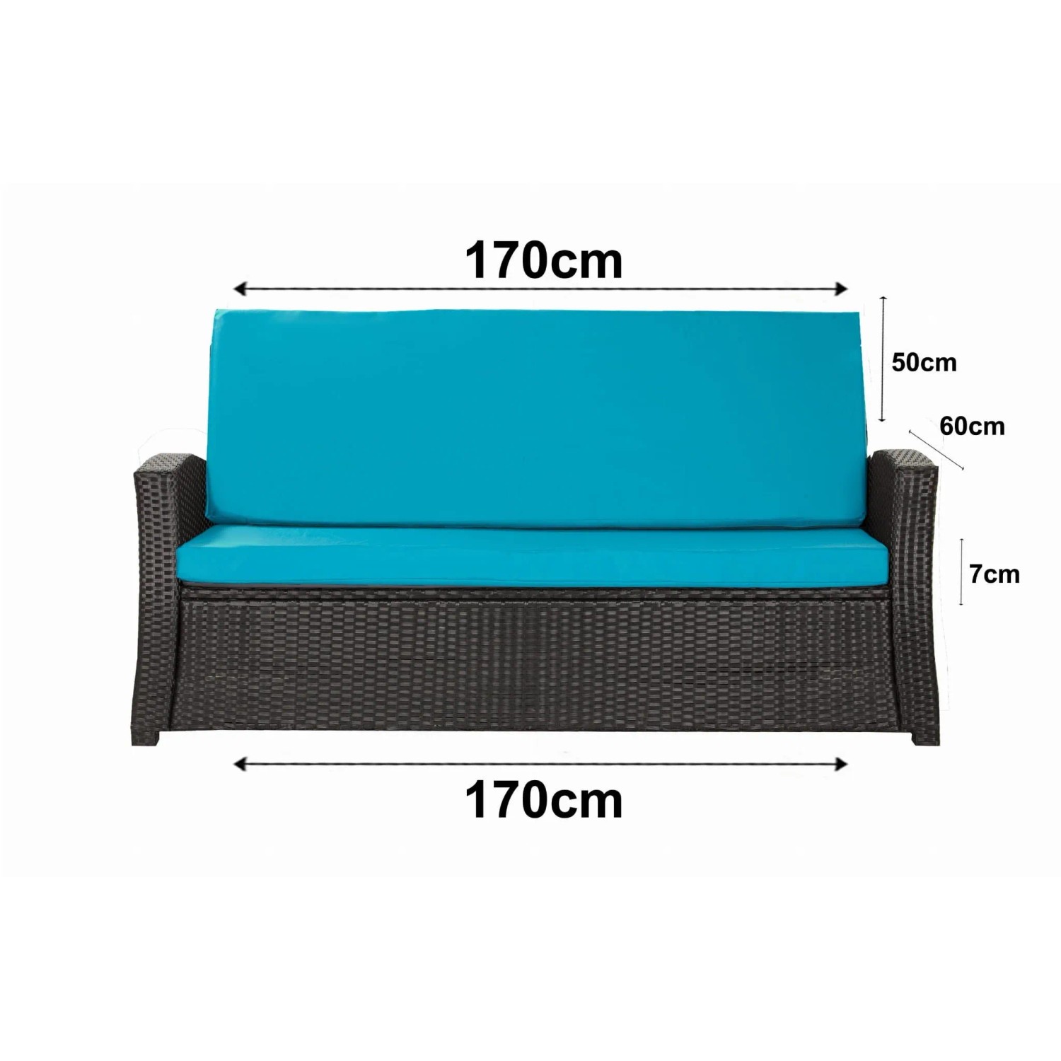 Blaues Gartenkissen-Set für 3-Sitzer Polyrattan-Gartensofa, 170x60x50cm.