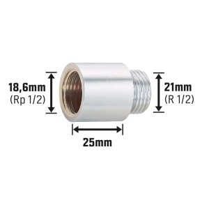 Verchromte Hahnverlängerung aus Messing, 18,6 mm x 21 mm, zur Verlängerung von Gewindefittings um 25 mm.