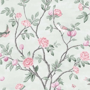 Laura Ashley Vliestapete Eglantine Eau de Nil mit Blumenmuster und Vögeln.