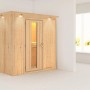 Karibu Sauna Vera mit LED-Dachkranz aus Naturholz, Fronteinstieg und Glastür.