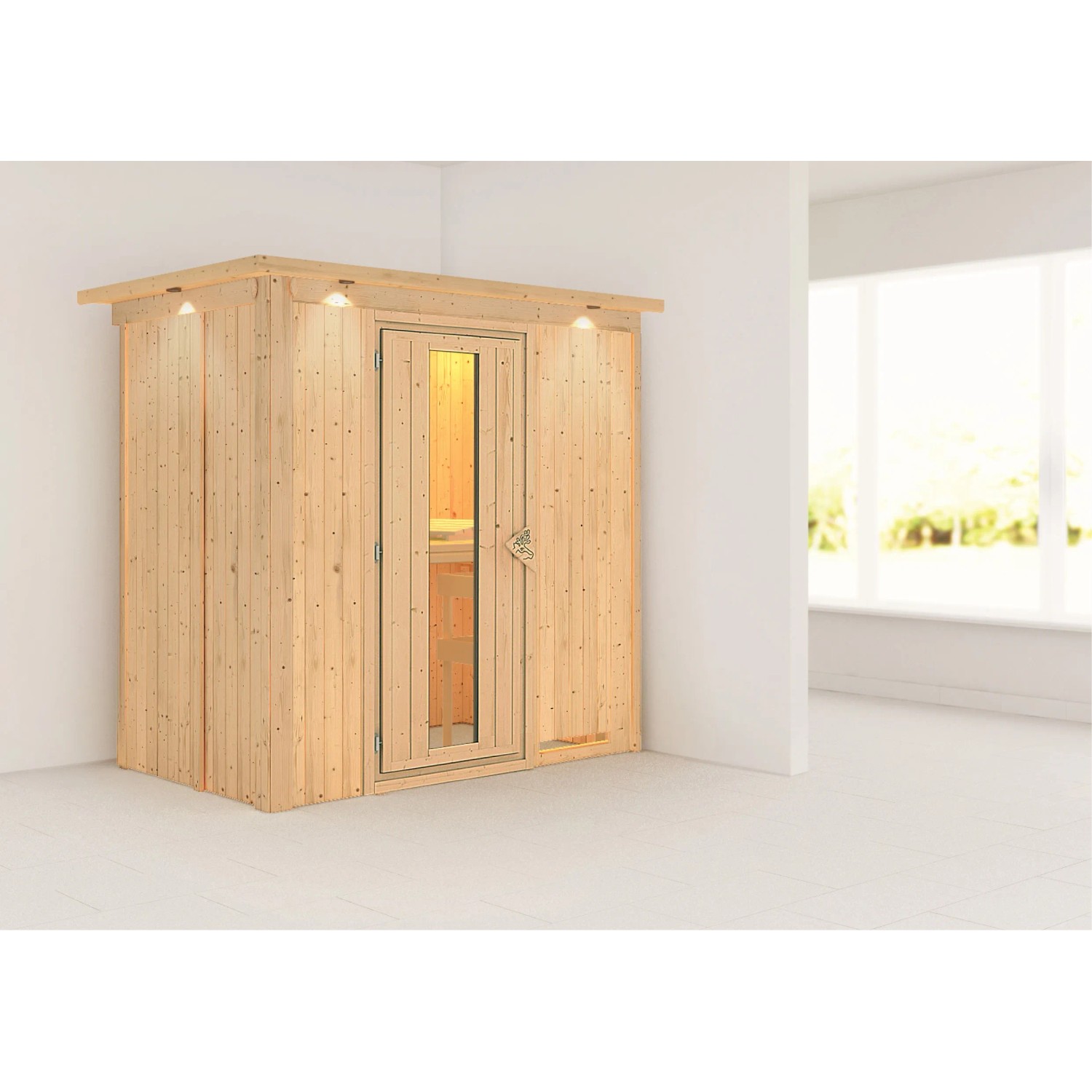 Karibu Sauna Vera mit LED-Dachkranz aus Naturholz, Fronteinstieg und Glastür.
