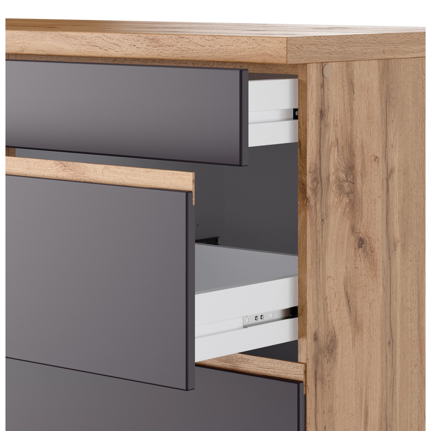 Detailansicht: Held Möbel Küchenzeile Turin in Graphit-Wotaneiche mit Schubladen.