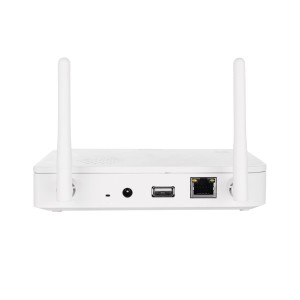 Weiße Abus Akku-Kamera Pro Basisstation mit Antennen, USB und LAN Anschluss für Kameraüberwachung.