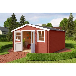 Lasita Holz-Gartenhaus Wels 4 in Schwedenrot mit geöffneten Doppeltüren und weißen Fensterrahmen.