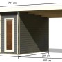 Karibu Holz-Gartenhaus Norrköping in Terragrau mit Pultdach und Anbau, Maße.
