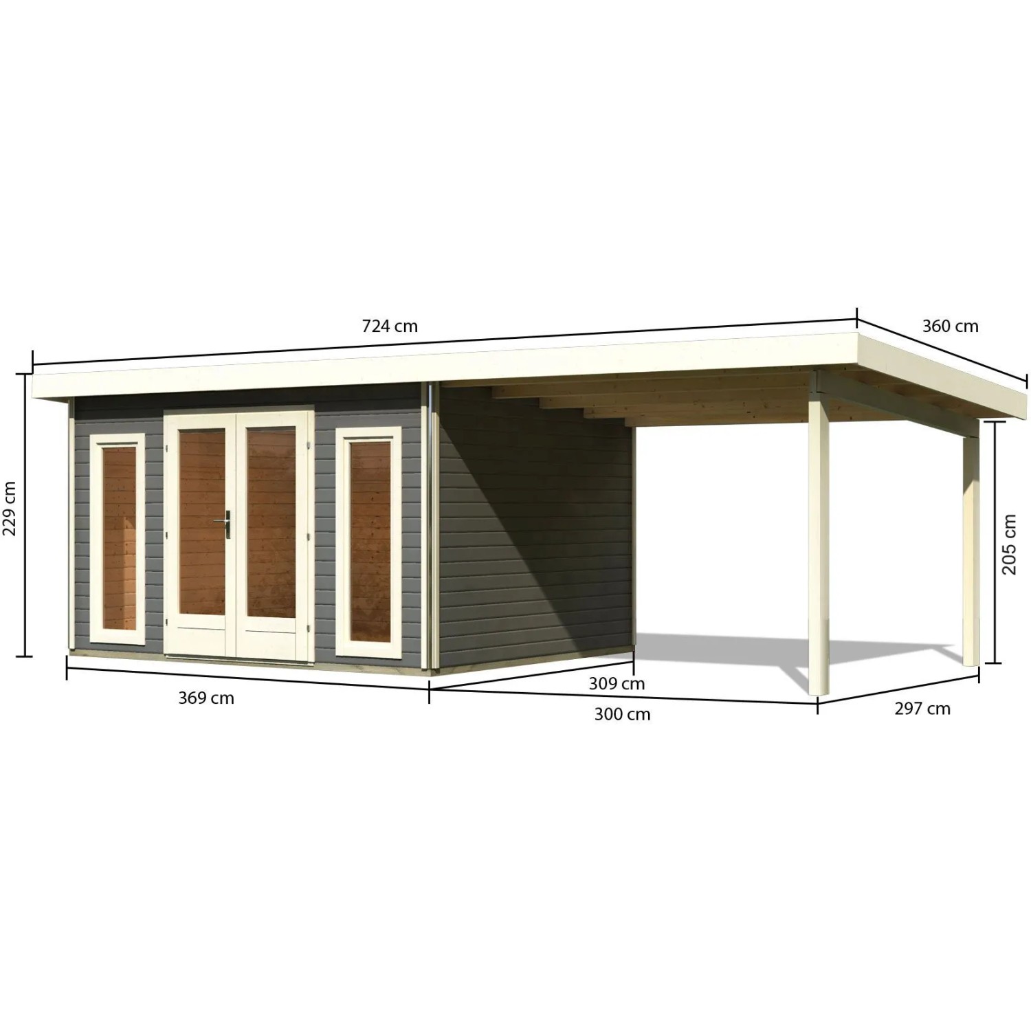 Karibu Holz-Gartenhaus Norrköping in Terragrau mit Pultdach und Anbau, Maße.