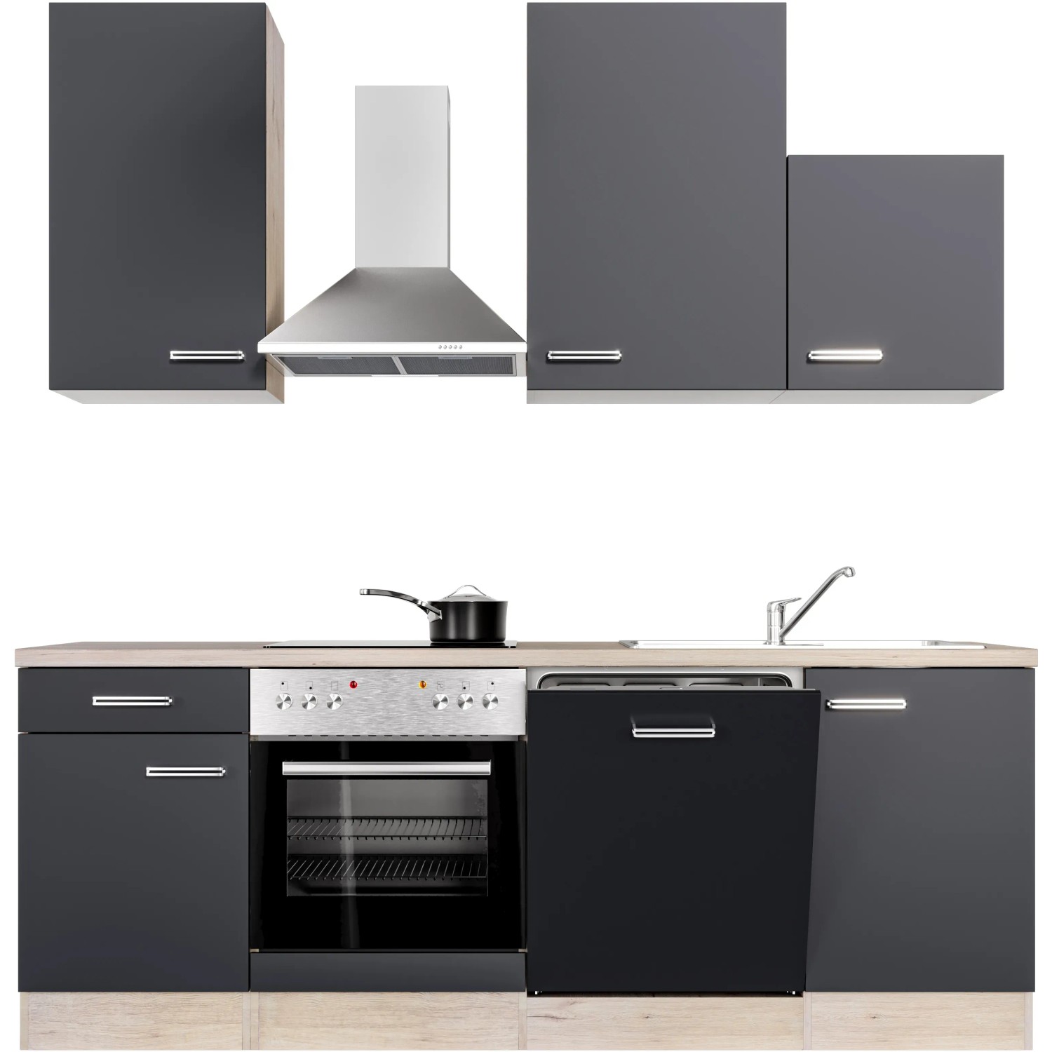 Flex-Well Küchenzeile Lara in Anthrazit und San Remo Eiche mit E-Geräten und Spüle.