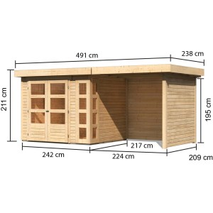 Karibu Holz-Gartenhaus Sölve Natur, unbehandelt, mit Maßangaben. Flachdach Gartenhaus.