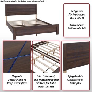 Queen Size Bett 160x200 cm in Sonoma Eiche Optik mit Lattenrost und Glitzerlinien-Design.