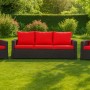 Rot-schwarzes 3-teiliges Gartenmöbel-Set mit roten Sitzkissen für Terrasse oder Garten.