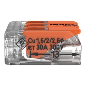 Wago Hebelklemme, 3-polig, für Leiter Ø 0,5-6mm², 5er-Pack, Verbindungsklemme mit orangefarbenen Hebeln.