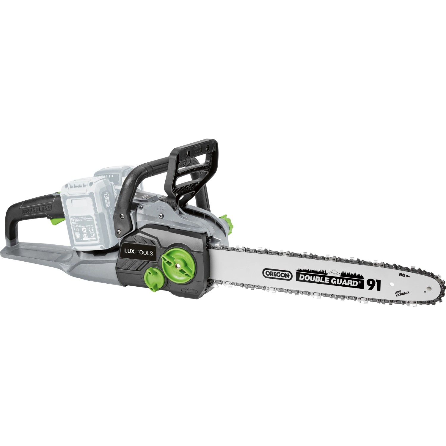 LUX-TOOLS Akku-Kettensäge A-KS-2x20/405 1 PowerSystem, Akku-Kettensäge in Grau und Schwarz.