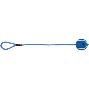 Blauer Jollypaw Tennisball am Seil (50cm) für Hunde, ein Apportierspielzeug.