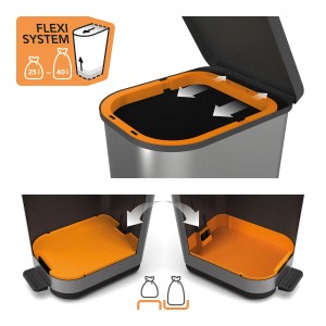 Rotho Treteimer Ribo IML Graphit 35 l mit Details zur Müllbeutelbefestigung und Pedalbedienung.