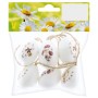 Osterdeko: 6 weiße Eier aus Kunststoff (4 cm) mit Blumenmuster zum Aufhängen.