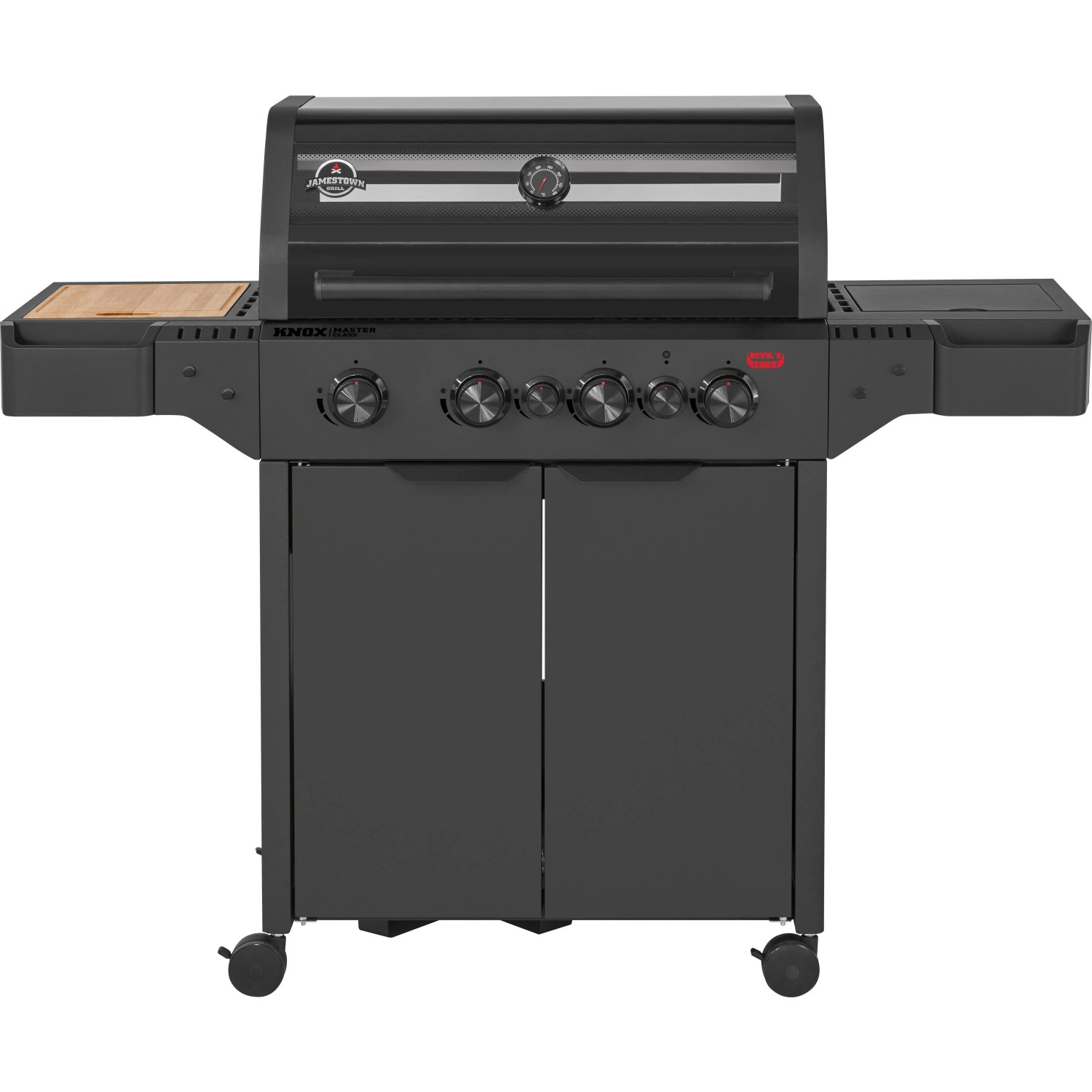 Jamestown Gasgrill KNOX Master Class mit 4 Brennern, Abdeckhaube, Seitenbrenner und Schneidebrett.