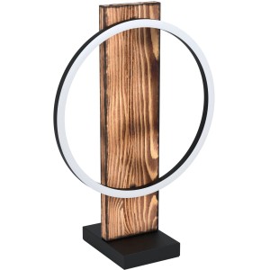 Rustikale LED-Tischleuchte Boyal in Schwarz und Braun mit Holz- und Metalldesign.